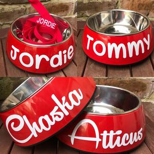 Red,Blue,Black,White & Pink Personalised Bowls! #porters4pets #porters4petspersonalisedbowls #jordie